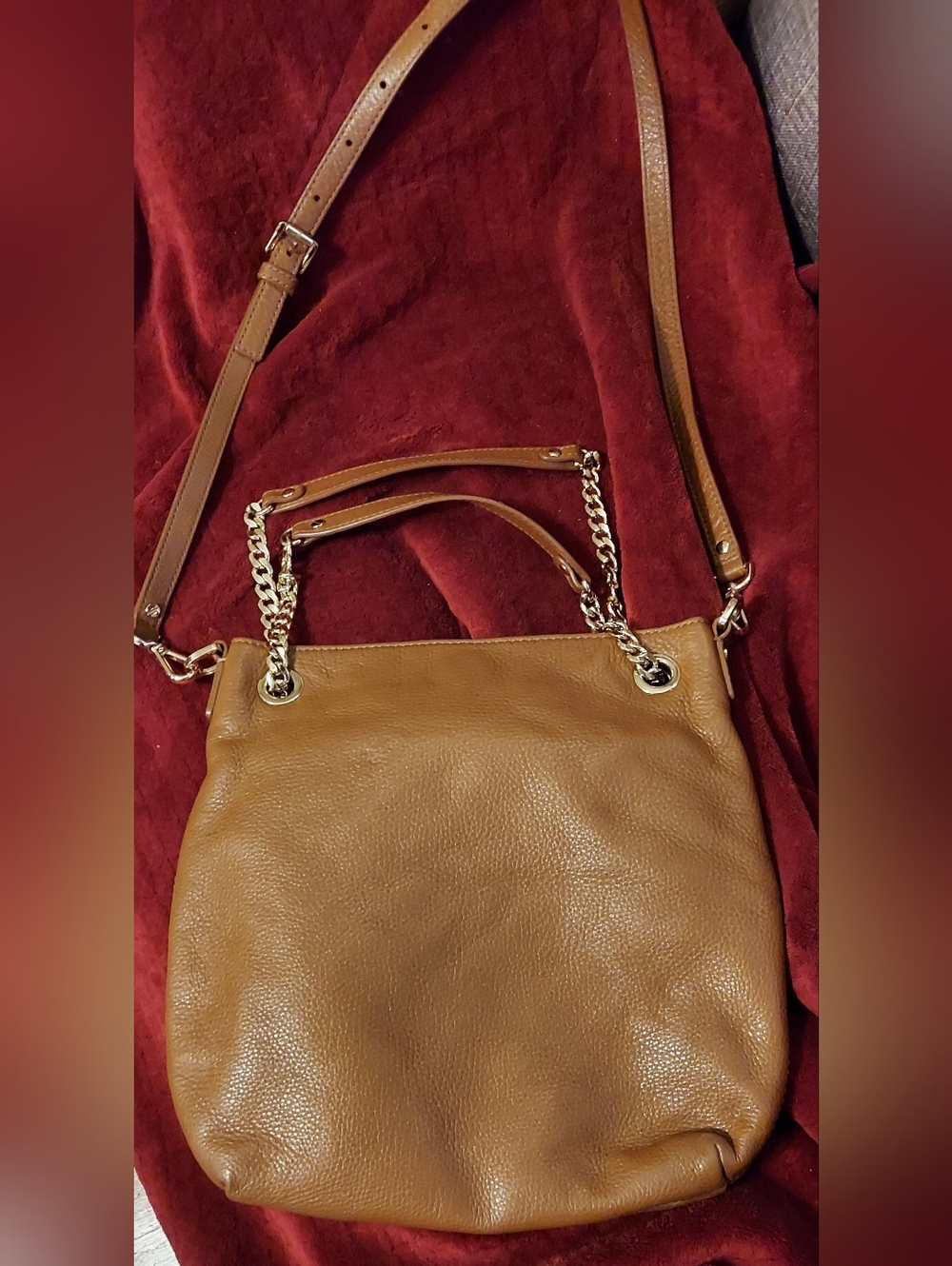 Michael Kors Tan Pebbled Leather Shoulder Bag with Gold Chain Accents